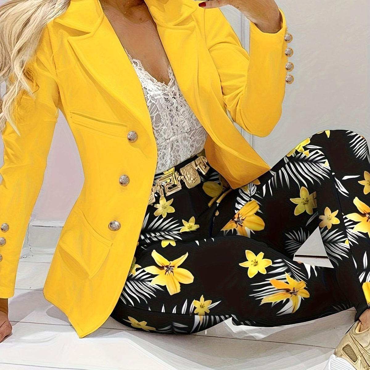 Two-piece Set, Solid Long Sleeve Blazer & Floral Print Wide Leg Pants, Elegant Stylish Women's Clothing Outfits