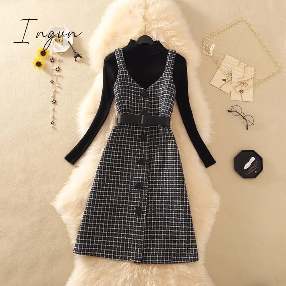 Ingvn - Valentine's Day gift for women Fashion Streetwear Two Piece Dress Women Autumn Winter Sweater wool Knee-Length Dresses With belt plus size Elegant party Dress vestidos