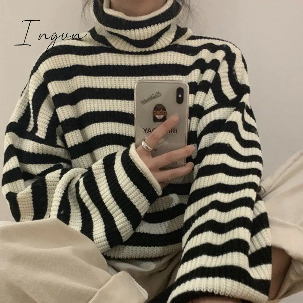 Ingvn - Vintage Striped Loose Turtleneck Knitted Sweater