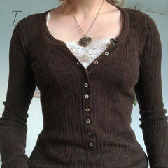 Ingvn - Womens Fashion Button Up Fairy Grunge Aesthetic Casual T-shirts Retro Y2k Ribbed Lace Patchwork Women Tops Long Sleeve Skinny Blouses
