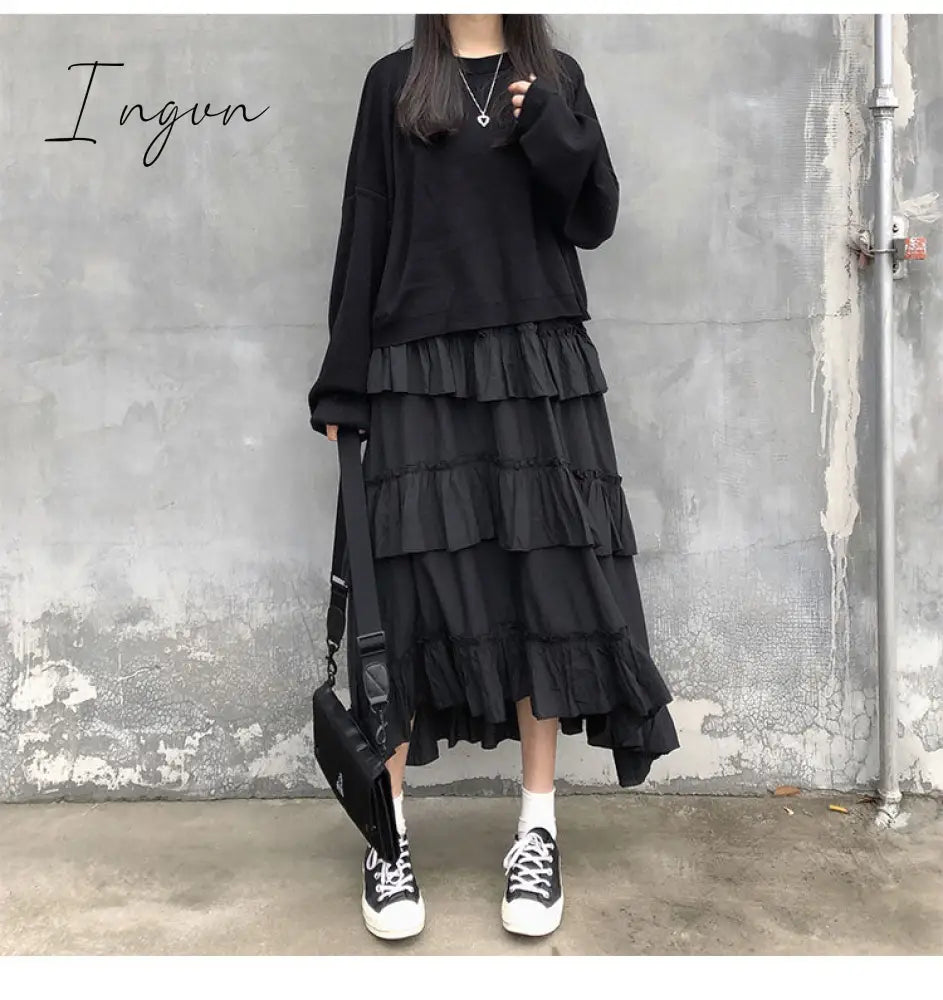 Ingvn - Midi Long Skirts Womens Maxi Skirt Goth Lolita Summer High Waisted Asymmetrical High Low Ruched Ruffle Skirts rok