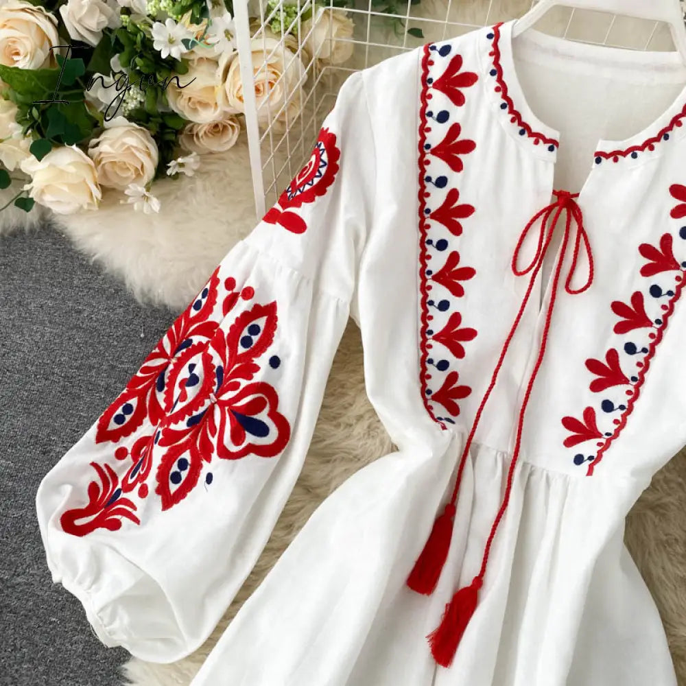 Ingvn - Women Autumn Dresses Bohemian Embroidered Flower O-Neck Lantern Sleeve High Waist Pleated Dress All-match Female Vestidos GK393