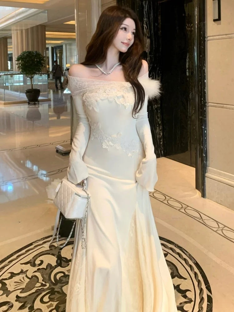 Elegant Solid Mermaid Long Dress for Women Autumn Chic Off Shoulder Flare Sleeve Bodycon Vestidos Vintage Evening Party Robe New
