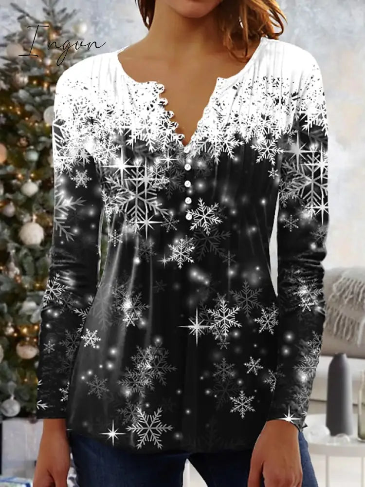 Ingvn - Women's Shirt Black Pink Red Snowflake Button Print 3/4 Length Sleeve Christmas Weekend Streetwear Round Neck Regular Fit