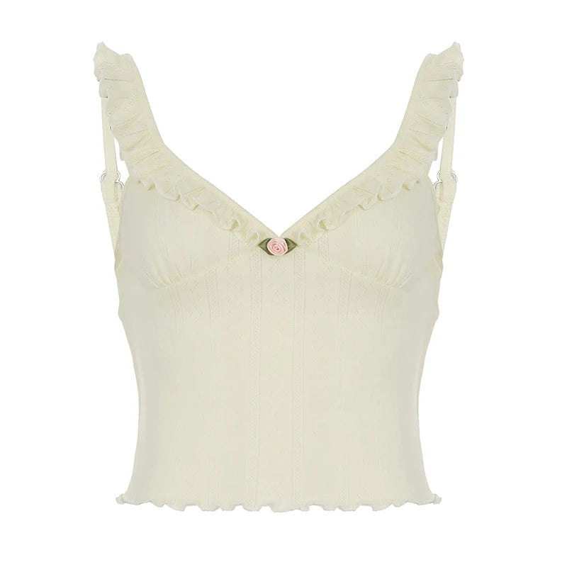 Cute Coquette Ruffles V-neck Crop Top Women Casual Hollow Out Holes Sexy Tees Y2k Aesthetic Vest Summer Holiday Clothing