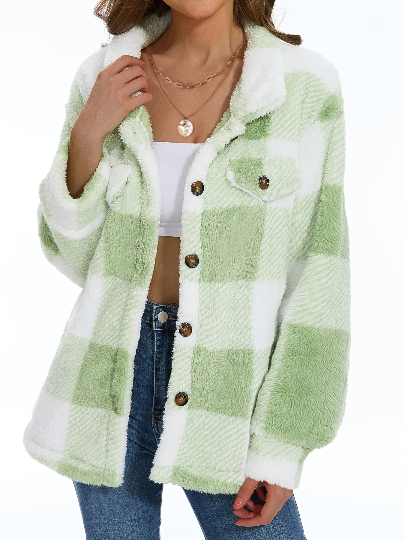 Stylish Plaid Teddy Coat - Women's Casual Jackets with Long Sleeves, Thermal Insulation, and Versatile Button Front Design for Winter Outwear - Soft, Warm, and Cozy