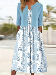 Spring/Summer Chic: Floral Print Two-Piece with V-Neck Crop Top & Comfortable Knit Dress Set, Elegant & Easy Care