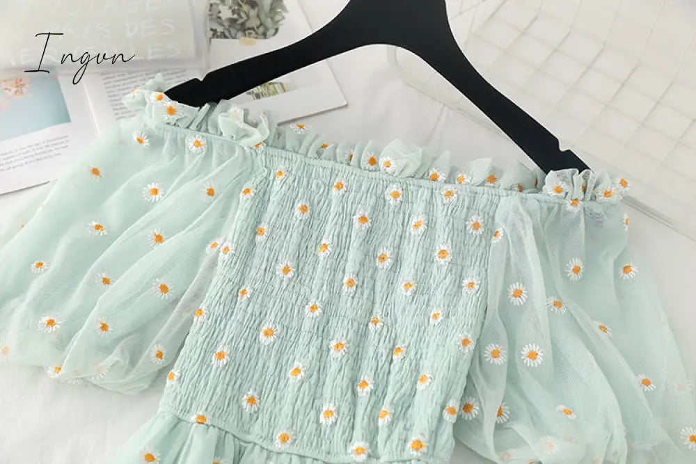 Ingvn - small daisies embroidery mesh dresses women sexy off the shoulder french vintage party ruffle dresses elegant vestidos