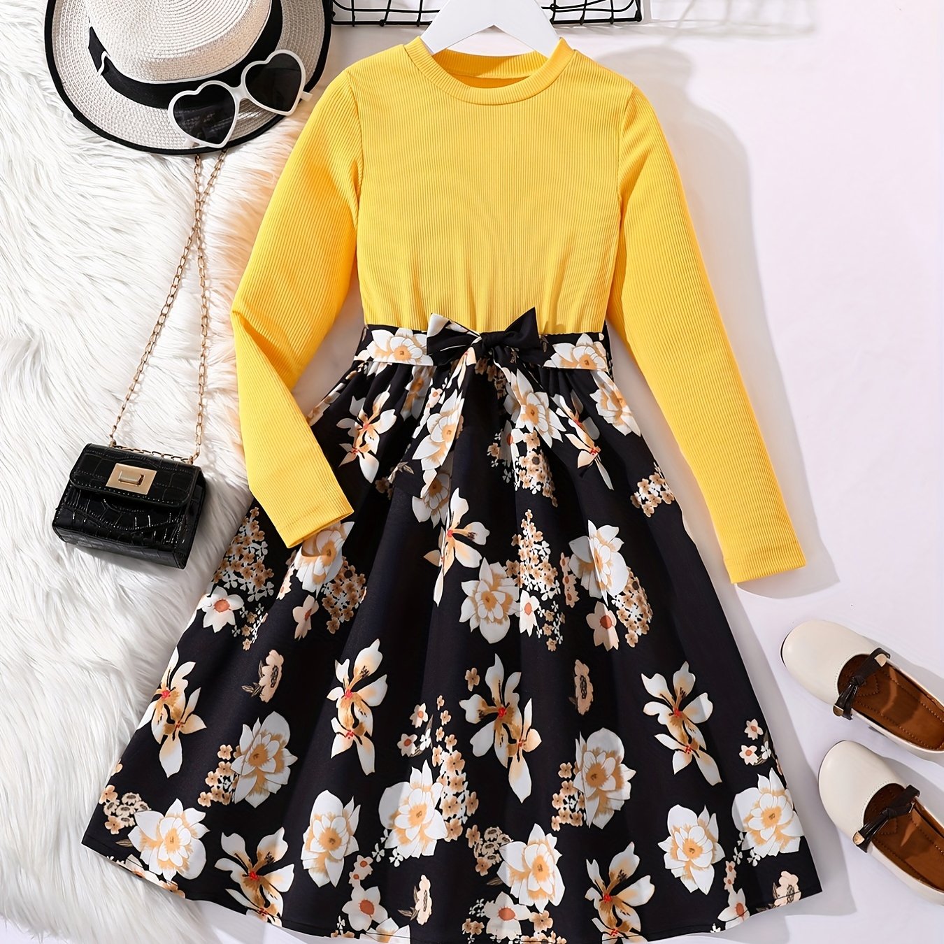 Adorable Floral Belted Dress for Girls - Long Sleeves, Round Neck, Splicing Design, Party-Perfect, Spring Collection, Kids' Clothing