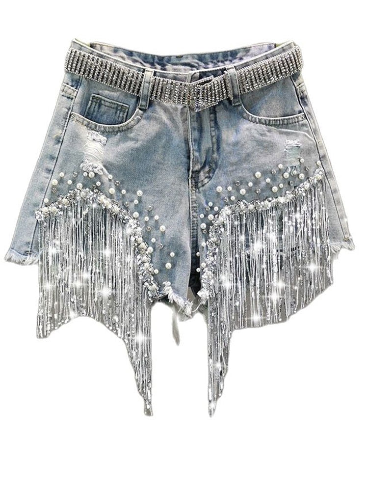 S-5XL Waist Beads Tassel Women'S Denim Shorts Summer Beading Wide Leg Thin Oversized Jeans Korean Streetwear Women Clothes