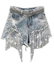 S-5XL Waist Beads Tassel Women'S Denim Shorts Summer Beading Wide Leg Thin Oversized Jeans Korean Streetwear Women Clothes