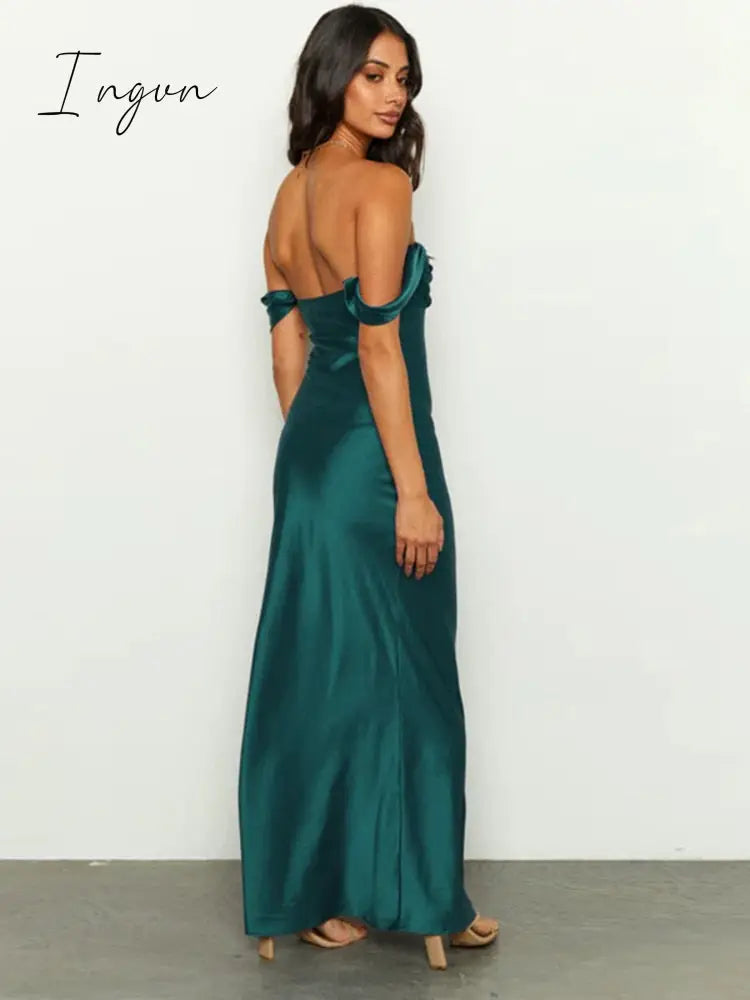 Ingvn - Pleated Backless Evening Dress Women Fashion Sleeveless Backless Bodycon Dresses Off-shoulder Sexy Club Maxi Dress
