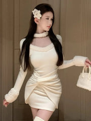 Autumn Pleated Mini Dress for Women Sweet Long Sleeves Bodycon Birthday Party Dresses Fashion Christmas Vestidos Female Clothing