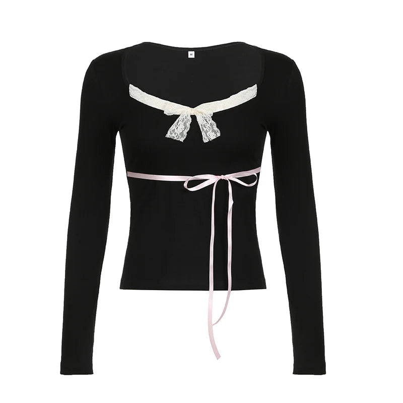 Contrast Lace Bow Cropped Top Sweet Coquette Square Collar T Shirts Black Casual Full Sleeve Tee Women y2k Aesthetic Lady