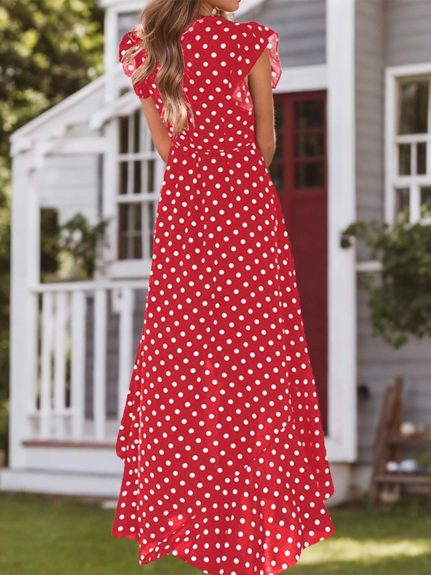 Women's A-Line Dot Polka Print Long Dress V-Neck Wedding Guest, Graduation, Party Maxi Dress