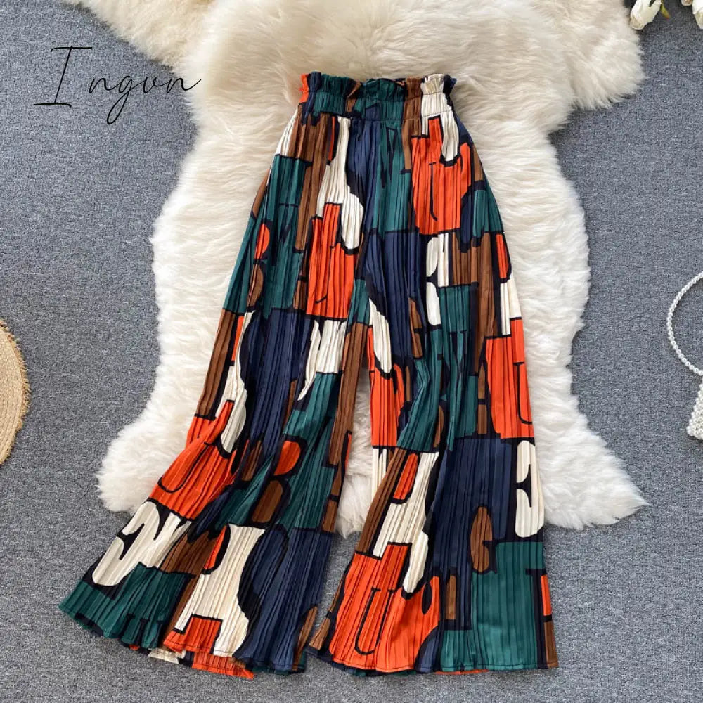 Ingvn - Women's Dress Spring Retro Print Casual Set Design Batwing Sleeve Single Breasted Blouse+High Waist Long Pants Two Piece Suits