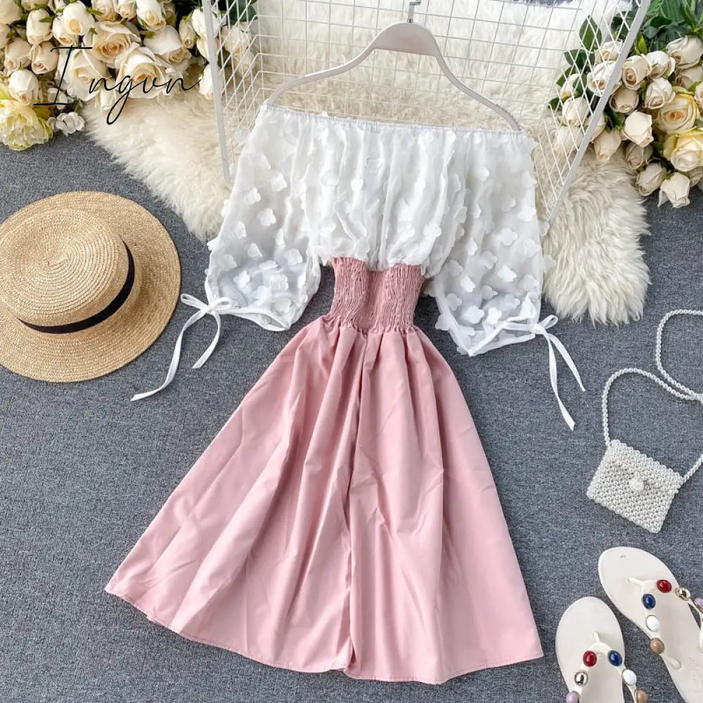 Ingvn - Spring Outfits Sexy Off Shoulder patchwork Summer Short Dress Party flower chiffon Slim waist lace up Women casual A-Line beach dress