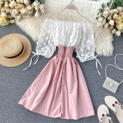 Ingvn - Spring Outfits Sexy Off Shoulder patchwork Summer Short Dress Party flower chiffon Slim waist lace up Women casual A-Line beach dress