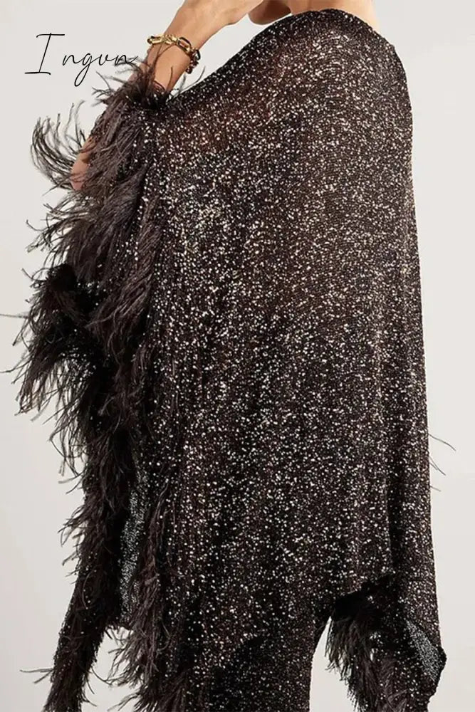 Ingvn - Casual Celebrities Solid Sequins Sequined O Neck Long Sleeve Two Pieces