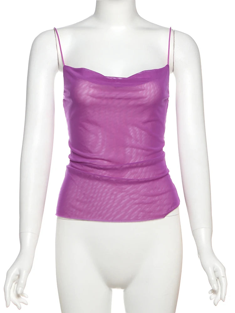 Summer Trend Camisole Women Sexy See Through Low-Neck Ruched Backless Tank Tops Hot Girls Street Wild Fashion Outfits