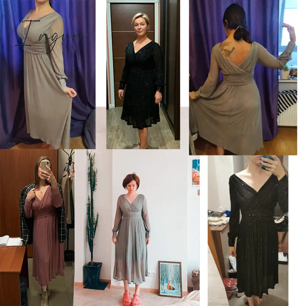 Ingvn - Vintage Glitter Long Maxi Dress Women Spring High Waist Long Sleeve Elegant Boho Dress Shiny Party Dress Plus Size Sexy
