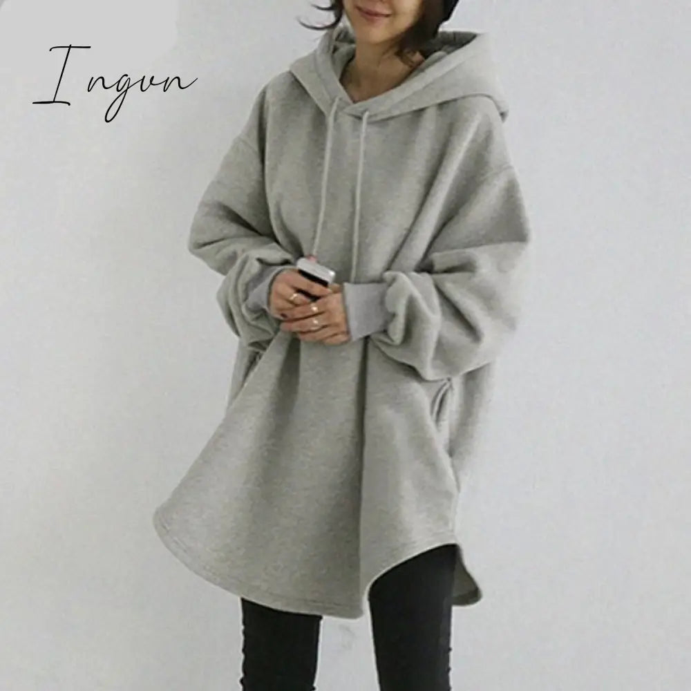 Ingvn - Women's Hoodies Long Sleeve Sweatshirts Autumn Casual Solid Loose Long Drawstring Pullovers Oversized Streetwear