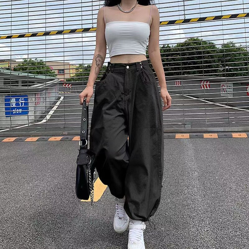Khaki Oversized Cargo Baggy Pants Y2K Hip Hop Style Loosed  Adjustable Waist Drawstring Long Pant Streetwear 90s Style Clothes