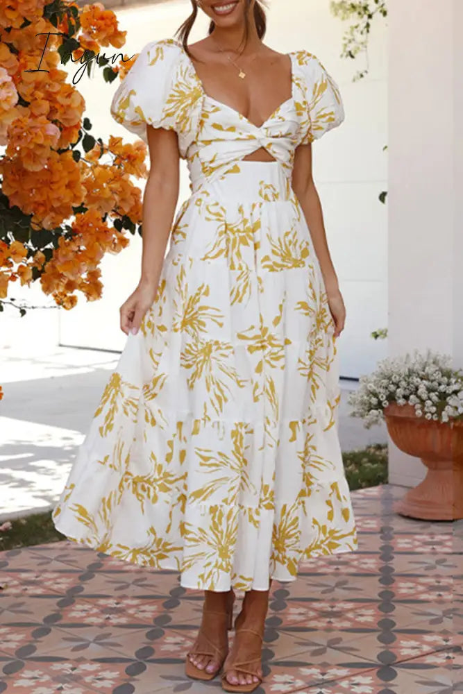 Ingvn - Sweet Elegant Floral Hollowed Out Off the Shoulder Printed Dress Dresses