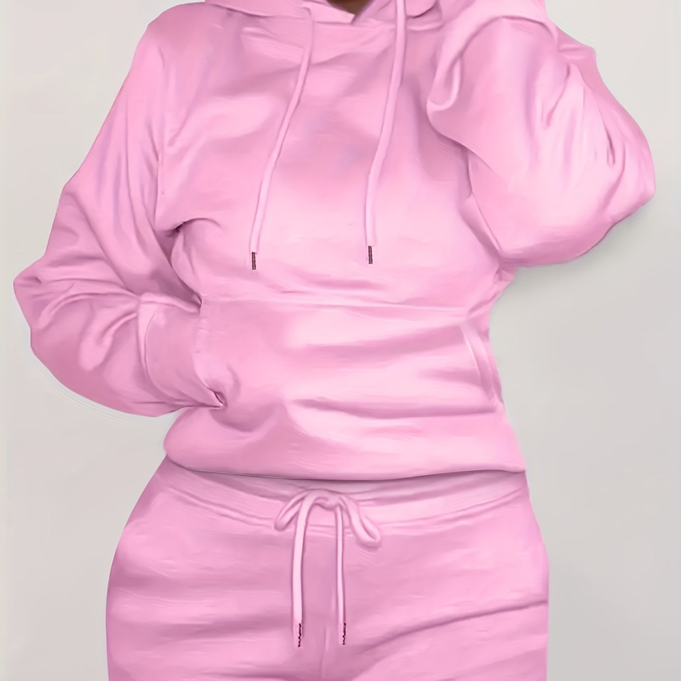 Solid Kangaroo Pocket Hoodie Without Pants, Casual Long Sleeve Drawstring Hoodies Sweatshirt, Women's Clothing