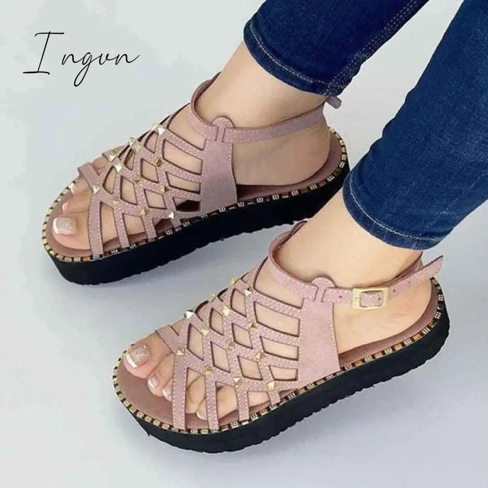 Ingvn - Fashion 2024 Summer Platform Sandals Women Casual Rubber Sole Non-slip Women Shoes Comfortable Peep Toe Rivet Beach Sandals