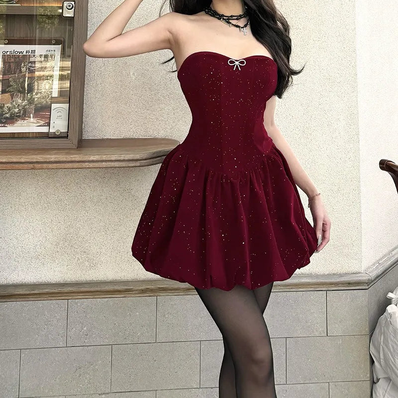 Talenza Strapless Backless Evening Gown Women Sexy Sparkling Bow Sleeveless Short Dress Elegant Slim A-line Pleated Luxury Dress