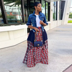 Ingvn - Womens Fashion Ladies Fashion Stitching Printed Plaid Young Fashion Casual Bohemian Super Loose Multicolor Skirt