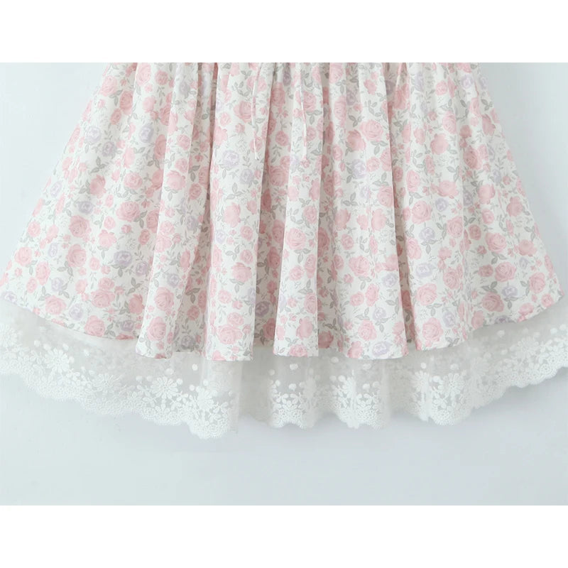 Elegant Women Floral Print Princess Sling Mini Dress Front Bandage Lace Patchwork A-line Summer Dress Holiday Party Robe