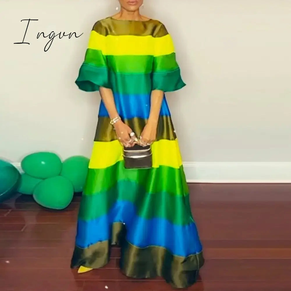 Ingvn - Women Fashion O Neck Backless Maxi Party Dress Rainbow Striped Casual Long Dress Summer Female Short Sleeve Loose Pullover Dress