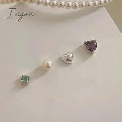4PCS Korean Fashion Colorful Zircon Heart Metal Pearl Stud Earring for Women Aesthetic Jewelry Set Earrings Wedding Accessories