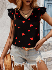 Heart Print Ruffle Trim Blouse, Casual V-neck Blouse For Spring & Summer, Women's Clothing