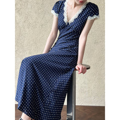 French Style Lace Polyester Fiber Stitching dress Summer V-Neck Elegant Wave Dot Tight Waist