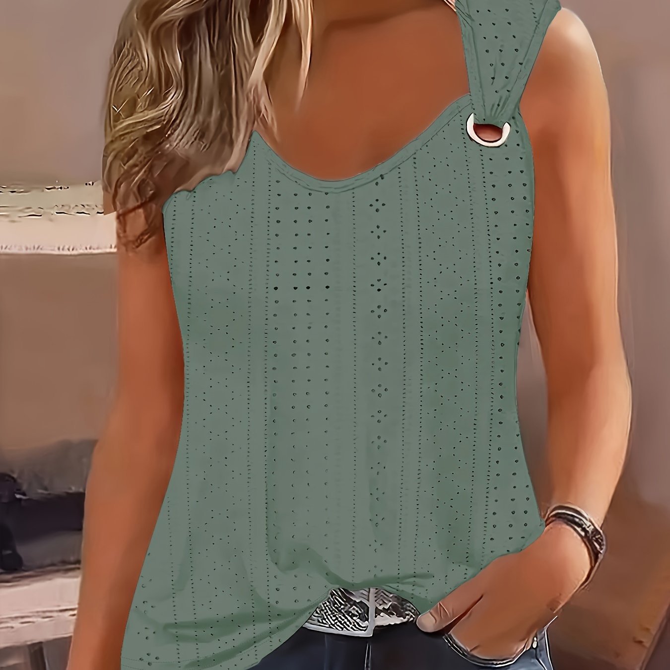 Eyelet Solid Tank Top, Casual Sleeveless Tank Top For Summer, Women's Clothing