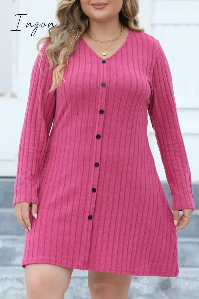 Ingvn - Casual Solid Patchwork V Neck Long Sleeve Plus Size Dresses (Without Belt)