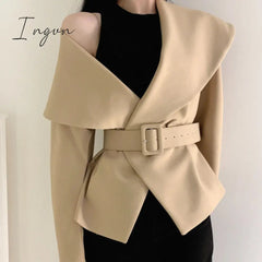 Ingvn - Women Spring Autumn Short Blazer Coat with Belt Big Lapel Collar Female Full Sleeve Cardigan Outerwear