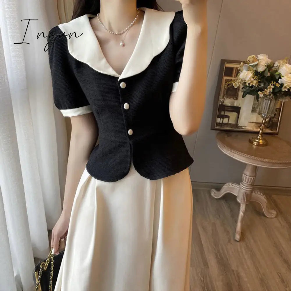 Ingvn - Summer Elegant Women Skirt Sets Retro Office Lady Outifits Puff Sleeve Black Top A Line Skirts Korean Fashion Sweet Hepburn Suit