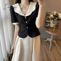 Ingvn - Summer Elegant Women Skirt Sets Retro Office Lady Outifits Puff Sleeve Black Top A Line Skirts Korean Fashion Sweet Hepburn Suit