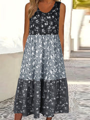 Fashionable Color Block Floral Print Tank Dress - Stylish Crew Neck, Flouncy Tiered Ruffles, Sleeveless - Versatile Casual Womens Summer Wear