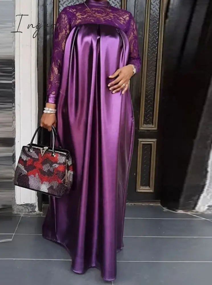 Ingvn - Summer Kaftan Party Dress Bohemian Women Long Sleeve Mock Neck Lace Patchwork Maxi Long Dress Robe Longues Oversized