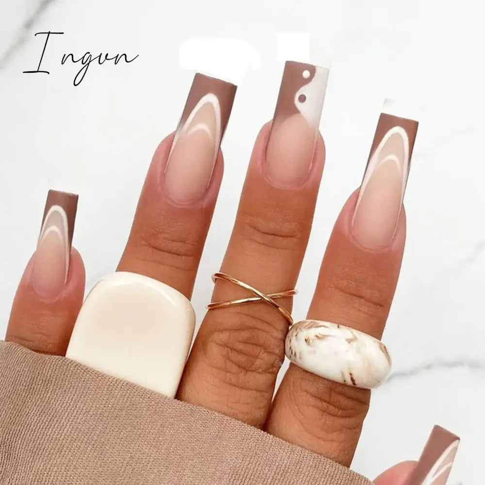 Extra Long Coffin Fake Nail Black And White Plaque False Nails French Ballerina Artificial Full Cover Nail Tips Press On Nail