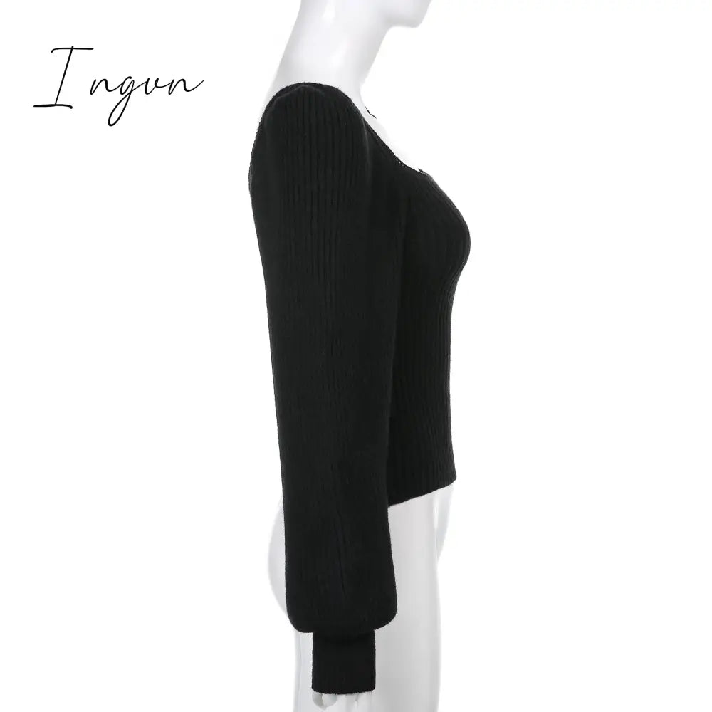 Ingvn - Knitted Women's Sweater Vintage Pullover Long Puff Sleeve Pink Square Neck Top Korean Fashion Style Autumn Winter Clothing
