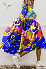 Ingvn - Casual Print Patchwork Turndown Collar Cake Skirt Dresses(11 Colors)