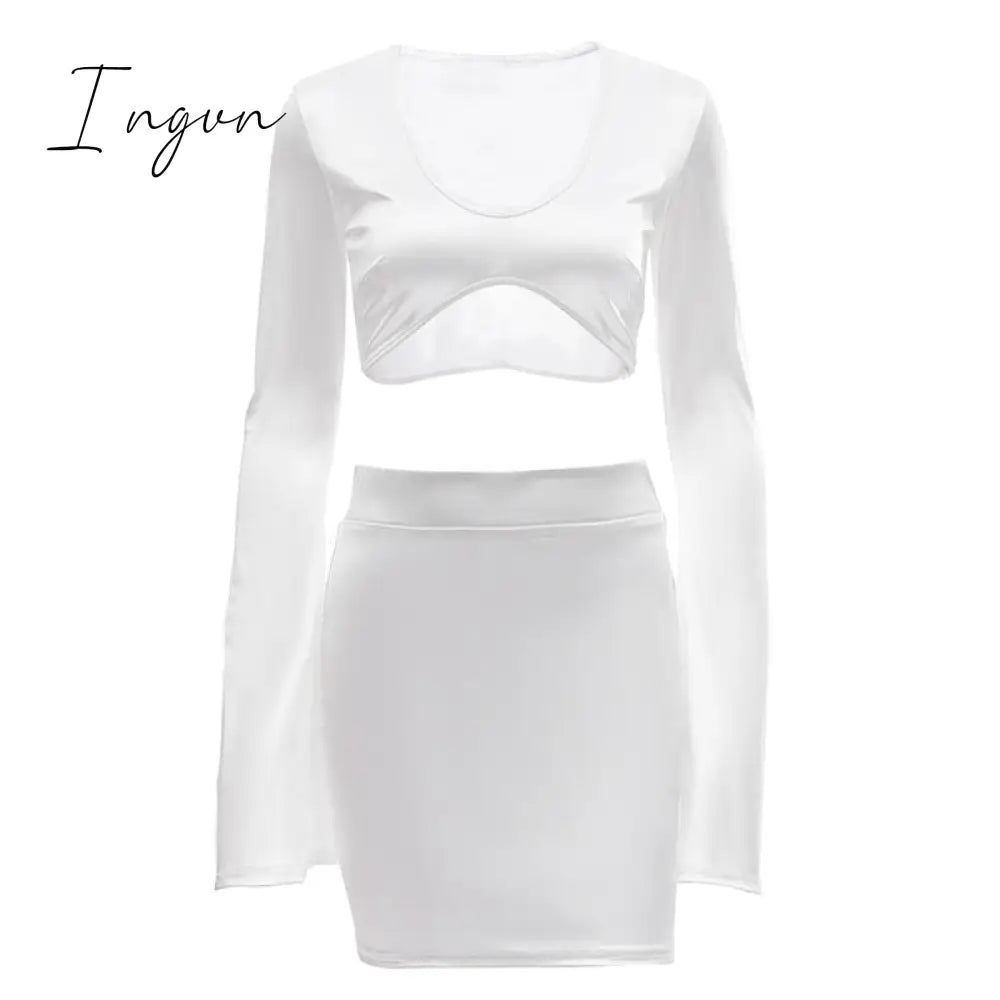 Ingvn - Satin Flare Long Sleeve 2 Two Piece Matching Set Women Crop Top Skirt Autumn Winter Birthday Fashion Sexy Clothes
