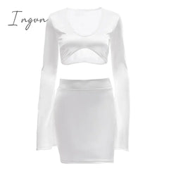 Ingvn - Satin Flare Long Sleeve 2 Two Piece Matching Set Women Crop Top Skirt Autumn Winter Birthday Fashion Sexy Clothes