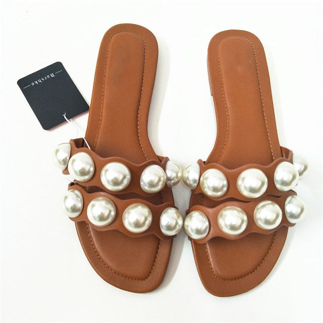 brand shoes 2026 Fashion Flat Slippers Party  shoes Fulgurant Pearl Sandals thin Belt Roman Flat Women Flip Flops Casual Beach